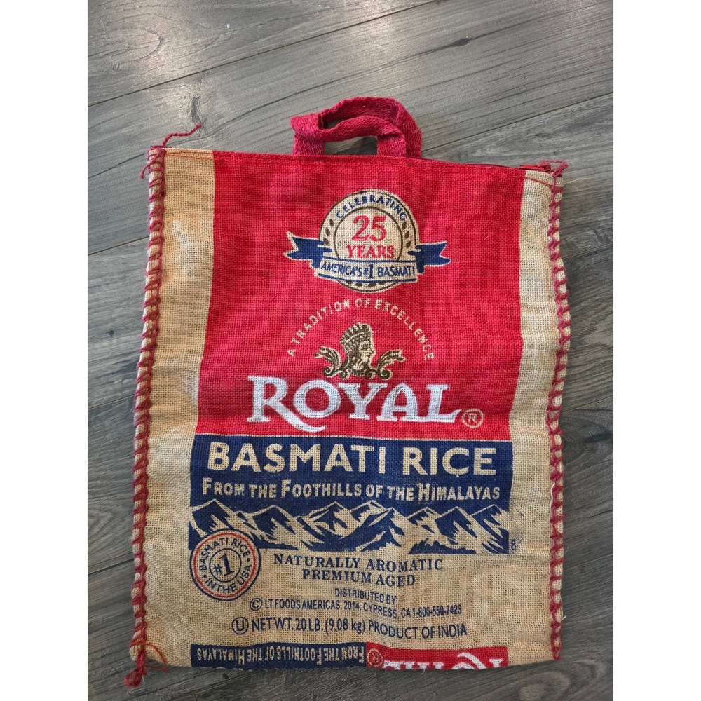 Royal Basmati Rice Burlap Tote Bag Zippered Reusable Grocery Market Sack Red